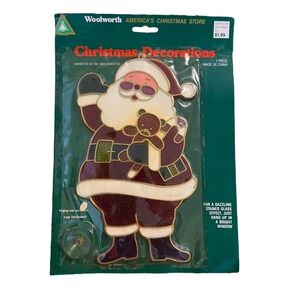 Vintage 10x6" Plastic Stained Glass Christmas Decoration Sun Catcher Santa NIB